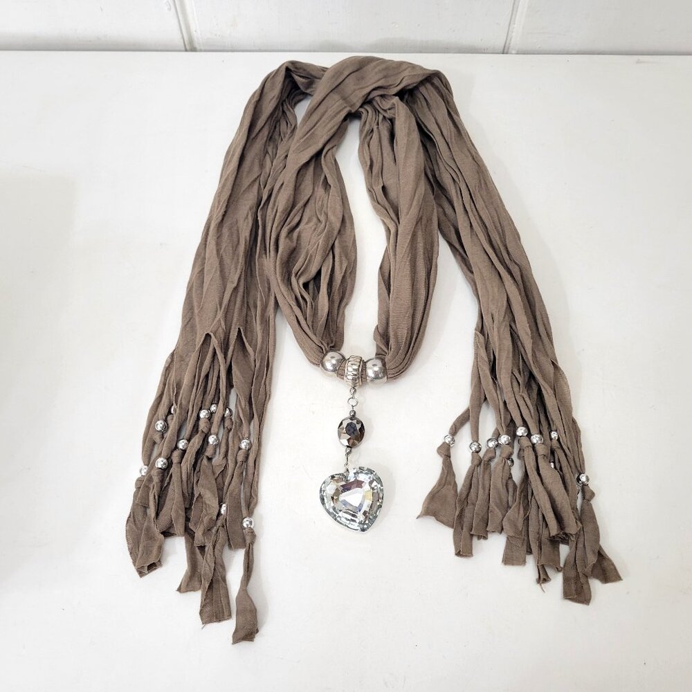 Tan Jersey Jewelry Scarf with Crystal Heart Pendant - Picture 4 of 6